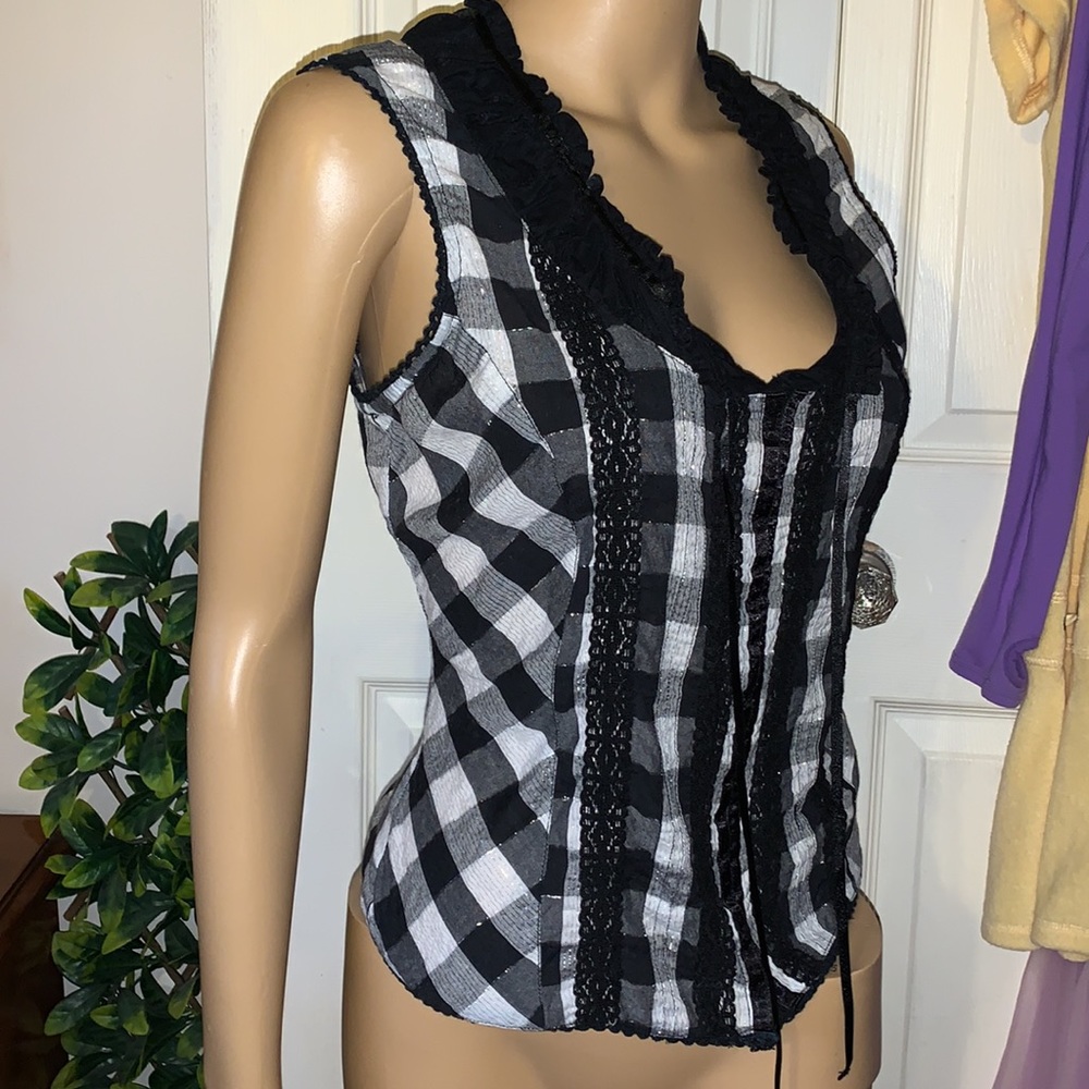 Y2k Black white checkered shimmer lace up back corset tank Top S
